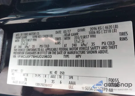 2017 Ford Escape S z USA, uszkodzony, nr VIN 1FMCU0F78HUD29633